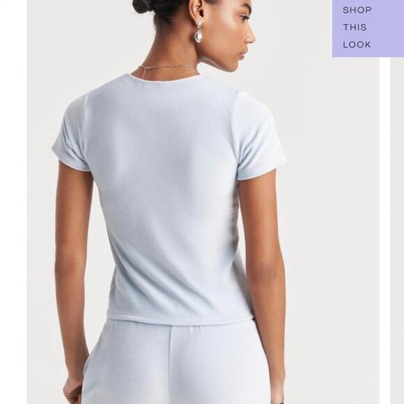 Cale Nina Light Blue Velour Velvet Crew Neck Short Sleeve Crop Tee T-shirt Top M - Picture 5 of 9